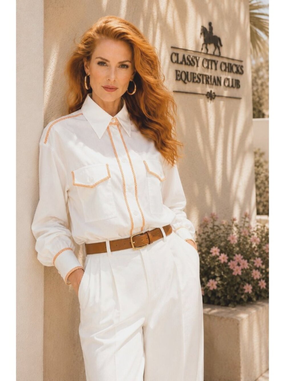 Escada Margaretha Ley 42 White Cotton Button Up Shirt Orange Trim Tailored Class